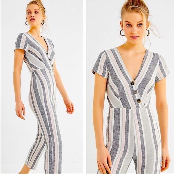 Urban Outfitters Linen Blend Striped Surplice Button Jumpsuit S - Picture 1 of 15